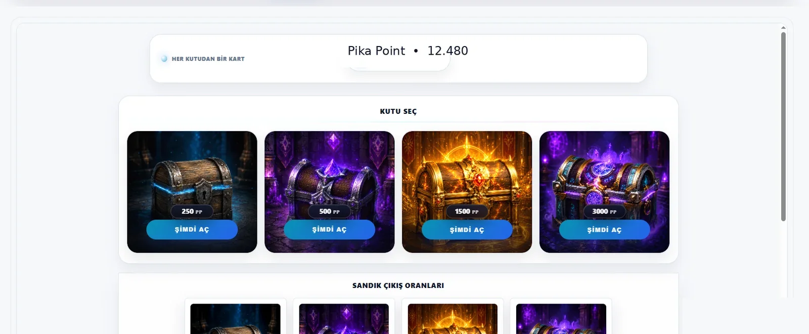 Pika Point avatar sandıkları ve çıkış oranları